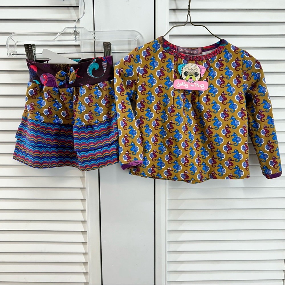 Jelly the Pug size 2T skirt outfit NWT - Multicolor seahorse print